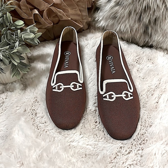 Vivaia Brown & Cream Flat Slip On Loafer Cigarette Shoes Sz 40 New Without Tags - Picture 1 of 13